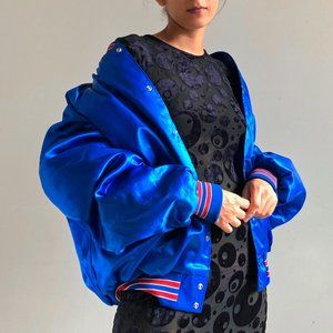vintage oversized satin blue baseball jacket